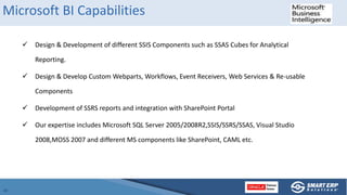  Design & Development of different SSIS Components such as SSAS Cubes for Analytical
Reporting.
 Design & Develop Custom Webparts, Workflows, Event Receivers, Web Services & Re-usable
Components
 Development of SSRS reports and integration with SharePoint Portal
 Our expertise includes Microsoft SQL Server 2005/2008R2,SSIS/SSRS/SSAS, Visual Studio
2008,MOSS 2007 and different MS components like SharePoint, CAML etc.
Microsoft BI Capabilities
 