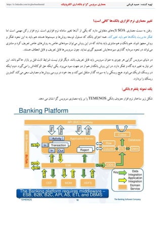 ‫قرباني‬ ‫حميد‬ : ‫كننده‬ ‫تهيه‬‫گرا‬ ‫سرويس‬ ‫معماري‬‫و‬‫الكترونيك‬ ‫بانكداري‬https://ir.linkedin.com/in/ghorbanihamid
‫تغيير‬‫معماري‬‫نرم‬‫افزاري‬‫بانك‬‫ها‬‫كافي‬‫است؟‬
‫رفتن‬‫ﺑﻪ‬‫سمﺖ‬‫مﻌمﺎري‬SOA‫ﻻيﻪ‬‫هﺎي‬‫متفﺎوﺗي‬‫دارد‬‫كﻪ‬‫يكي‬‫از‬‫آن‬‫هﺎ‬‫ﺗغيير‬‫سﺎمﺎﻧﻪ‬‫ﻧرم‬‫افزاري‬.‫اسﺖ‬‫ﻧرم‬‫افزار‬‫ركن‬‫مهمي‬‫اسﺖ‬‫امﺎ‬
‫ﺗفكر‬‫مديريﺖ‬‫ﺑﺎﻧك‬‫هﺎ‬‫هﻢ‬‫ﺑﺎيد‬‫ﺗغييركند‬.‫همﻪ‬‫اﺟزاي‬‫ﺑﺎﻧك‬‫كﻪ‬‫مسئول‬‫ﺗوسﻌﻪ‬‫روش‬‫هﺎ‬‫و‬‫سيستﻢ‬‫هﺎ‬‫هستند‬‫هﻢ‬‫ﺑﺎيد‬‫ﺑﻪ‬‫اين‬‫ﻧحوه‬‫ﺗفكر‬‫و‬
‫روش‬‫مجهز‬.‫ﺷوﻧد‬‫هﻢ‬‫ﺑﺎﻧك‬‫و‬‫هﻢ‬‫مشتري‬‫ﺑﺎيد‬‫ﺑداﻧند‬‫كﻪ‬‫در‬‫اين‬‫روش‬‫مي‬‫ﺗوان‬‫سودهﺎي‬‫خﺎص‬‫ﺑﻪ‬‫روش‬‫هﺎي‬‫خﺎص‬‫ﺗﻌريف‬‫كرد‬‫و‬‫مشتري‬
‫مي‬‫ﺗواﻧد‬‫در‬‫ﻧحوه‬‫سرمﺎيﻪ‬‫گذاري‬‫سپرده‬‫هﺎيﺶ‬‫ﺗصميﻢ‬‫گيري‬.‫ﻧمﺎيد‬‫چون‬‫سرويﺲ‬‫هﺎ‬‫قﺎﺑﻞ‬‫ﺗﻌريف‬‫و‬‫قﺎﺑﻞ‬‫اﻧﻌطﺎف‬‫هستند‬.
‫در‬‫دﻧيﺎي‬‫سرويﺲ‬‫گرايي‬‫هر‬‫چيزي‬‫ﺑﻪ‬‫عنوان‬‫سرويﺲ‬‫ﺑﺎيد‬‫قﺎﺑﻞ‬‫ﺗﻌريف‬.‫ﺑﺎﺷد‬‫ديگر‬‫قرار‬‫ﻧيسﺖ‬‫ﺷرايط‬‫ﺛﺎﺑﺖ‬‫قبﻞ‬‫ﺑر‬‫ﺑﺎزار‬‫ﺣﺎكﻢ‬.‫ﺑﺎﺷد‬‫اين‬
‫امر‬‫ﻧيﺎز‬‫ﺑﻪ‬‫ﺗغيير‬‫ديدگﺎه‬‫و‬‫ﺗفكر‬.‫دارد‬‫در‬‫اين‬‫روش‬‫ﺑﺎﻧكدار‬‫هﻢ‬‫از‬‫دو‬‫ﺟهﺖ‬‫سود‬‫مي‬.‫ﺑرد‬‫يكي‬‫اينكﻪ‬‫ﺣق‬‫الوكﺎلﻪ‬‫اش‬‫را‬‫مي‬.‫گيرد‬‫دوم‬‫اينكﻪ‬
‫در‬‫ريسك‬‫ﺷريك‬‫مي‬.‫ﺷود‬‫هيچ‬‫ريسكي‬‫را‬‫ﺑﻪ‬‫سپرده‬‫گذار‬‫منتقﻞ‬‫ﻧمي‬‫كند‬‫و‬‫ﺑﻌد‬‫خود‬‫در‬‫ﺑررسي‬‫روش‬‫هﺎ‬‫و‬‫مصﺎرف‬‫سﻌي‬‫مي‬‫كند‬‫كمترين‬
‫ريسك‬‫را‬‫ﺑردارد‬.
‫يك‬‫نمونﻪ‬‫پلتفرم‬:‫بانكي‬
‫ﺷكﻞ‬‫زير‬‫سﺎختﺎر‬‫ﻧرم‬‫افزار‬‫مﻌروف‬‫ﺑﺎﻧكي‬TEMENOS‫را‬‫ﺑر‬‫ﭘﺎيﻪ‬‫مﻌمﺎري‬‫سرويﺲ‬‫گرا‬‫ﻧ‬‫ش‬‫ﺎن‬‫مي‬.‫دهد‬
 