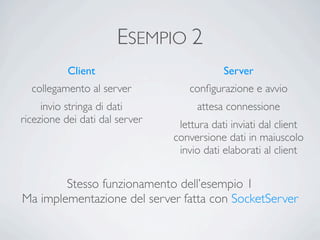 ESEMPIO 2
           Client                           Server
  collegamento al server           conﬁgurazione e avvio
     invio stringa di dati           attesa connessione
ricezione dei dati dal server    lettura dati inviati dal client
                                conversione dati in maiuscolo
                                 invio dati elaborati al client


        Stesso funzionamento dell’esempio 1
Ma implementazione del server fatta con SocketServer
 
