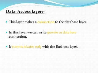 Data Access layer:-
 This layer makes a connection to the database layer.
 In this layer we can write queries or database
connection.
 It communicates only with the Business layer.
 