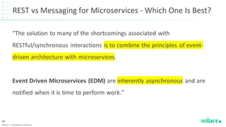 REST vs Messaging for Microservices - Which One Is Best?
“The solution to many of the shortcomings associated with
RESTful/synchronous interactions is to combine the principles of event-
driven architecture with microservices.
Event Driven Microservices (EDM) are inherently asynchronous and are
notified when it is time to perform work.”
©Solace | Proprietary & Confidential
35
 