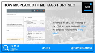 @HamletBatista
If we move the SEO tags to the top of
the HTML and leave the invalid <DIV>,
the canonical remains in the HTML
HEAD.
HOW MISPLACED HTML TAGS HURT SEO
 
