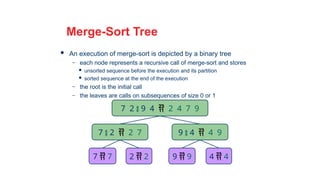 24
Merge-Sort Tree
 An execution of merge-sort is depicted by a binary tree
– each node represents a recursive call of merge-sort and stores
 unsorted sequence before the execution and its partition
 sorted sequence at the end of the execution
– the root is the initial call
– the leaves are calls on subsequences of size 0 or 1
7 2  9 4  2 4 7 9
7  2  2 7 9  4  4 9
7  7 2  2 9  9 4  4
 