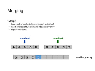 auxiliary array
smallest smallest
A G L O R H I M S T
A G H I
Merging
•Merge.
• Keep track of smallest element in each sorted half.
• Insert smallest of two elements into auxiliary array.
• Repeat until done.
L
 