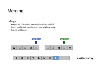 auxiliary array
smallest smallest
A G L O R H I M S T
A G H I L M O
Merging
•Merge.
• Keep track of smallest element in each sorted half.
• Insert smallest of two elements into auxiliary array.
• Repeat until done.
R
 
