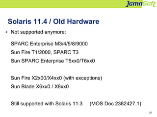 20
Solaris 11.4 / Old Hardware
Not supported anymore:
SPARC Enterprise M3/4/5/8/9000
Sun Fire T1/2000, SPARC T3
Sun SPARC Enterprise T5xx0/T6xx0
Sun Fire X2x00/X4xx0 (with exceptions)
Sun Blade X6xx0 / X8xx0
Still supported with Solaris 11.3 (MOS Doc 2382427.1)
 