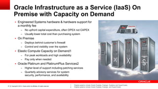 Copyright © 2014, Oracle and/or its affiliates. All rights reserved.81
Oracle Infrastructure as a Service (IaaS) On
Premise with Capacity on Demand
 Engineered Systems hardware & hardware support for
a monthly fee
– No upfront capital expenditure, often OPEX not CAPEX
– Usually lower total cost than purchasing system
 On Premise
– Deploys behind customer’s firewall
– Control and visibility over the system
 Elastic Compute Capacity on Demand1
– For peak workloads and high availability
– Pay only when needed
 Oracle Platinum and PlatinumPlus Services2
– Higher level of support including patching services
– Quarterly advisory services for system
security, performance, and availability
1. Eligible systems include Oracle Exadata, Exalogic, Exalytics and SuperCluster.
2. Eligible systems include Oracle Exadata, Exalogic, and SuperCluster.
 