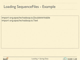 Loading + Saving Data
import org.apache.hadoop.io.DoubleWritable
import org.apache.hadoop.io.Text
Loading SequenceFiles - Example
 
