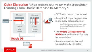 Copyright	©	2016,	Oracle	and/or	its	aﬃliates.	All	rights	reserved.		|	
Oracle	DB	
Quick	Digression	(which	explains	how	we	can	make	Spark	faster)	
Learning	From	Oracle	Database	In-Memory?	
• OLTP	uses	proven	row	format	
• AnalyIcs	&	reporIng	use	new	
in-memory	Column	format	
•  AnalyIcs	Compression	means	huge	
amounts	of	database	can	now	ﬁt	
in-memory	
• The	Oracle	Database	stores		
BOTH	row	and	column	formats	
for	same	table	
• Simultaneously	acIve	and	
transacIonally	consistent	
48	
Memory	 Memory	
SALES	 SALES	
Row	
Format	
Column	
Format	
 