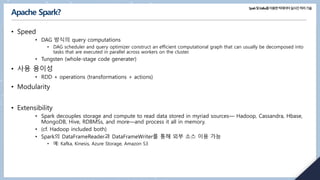 Spark및Kafka를이용한빅데이터실시간처리기술
Apache Spark?
• Speed
• DAG 방식의 query computations
• DAG scheduler and query optimizer construct an efficient computational graph that can usually be decomposed into
tasks that are executed in parallel across workers on the cluster.
• Tungsten (whole-stage code generater)
• 사용 용이성
• RDD + operations (transformations + actions)
• Modularity
• Extensibility
• Spark decouples storage and compute to read data stored in myriad sources— Hadoop, Cassandra, Hbase,
MongoDB, Hive, RDBMSs, and more—and process it all in memory.
• (cf. Hadoop included both)
• Spark의 DataFrameReader과 DataFrameWriter를 통해 외부 소스 이용 가능
• 예: Kafka, Kinesis, Azure Storage, Amazon S3
 