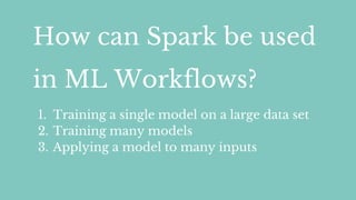 How can Spark be used
in ML Workflows?
1. Training a single model on a large data set
2. Training many models
3. Applying a model to many inputs
 