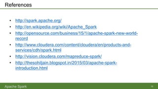 References
• http://spark.apache.org/
• http://en.wikipedia.org/wiki/Apache_Spark
• http://opensource.com/business/15/1/apache-spark-new-world-
record
• http://www.cloudera.com/content/cloudera/en/products-and-
services/cdh/spark.html
• http://vision.cloudera.com/mapreduce-spark/
• http://thesohiljain.blogspot.in/2015/03/apache-spark-
introduction.html
Apache Spark 18
 