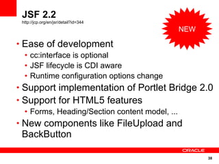 JSF 2.2
 http://jcp.org/en/jsr/detail?id=344
                                       NEW

• Ease of development
  • cc:interface is optional
  • JSF lifecycle is CDI aware
  • Runtime configuration options change
• Support implementation of Portlet Bridge 2.0
• Support for HTML5 features
  • Forms, Heading/Section content model, ...
• New components like FileUpload and
 BackButton

                                             38
 