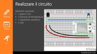#SPARKNIGHTLAB
Sponsored by
Spark.io
Realizzare il circuito
Elementi necessari:
• 1 Spark Core
• 1 Sensore di temperatura
• 1 capacitore ceramico
• 3 cavi
Hardware
Software
Test
 
