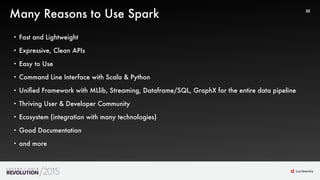 34
32
Many Reasons to Use Spark
• Fast and Lightweight
• Expressive, Clean APIs
• Easy to Use
• Command Line Interface with Scala & Python
• Uniﬁed Framework with MLlib, Streaming, Dataframe/SQL, GraphX for the entire data pipeline
• Thriving User & Developer Community
• Ecosystem (integration with many technologies)
• Good Documentation
• and more
 