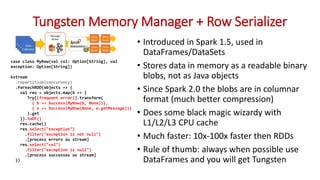 Tungsten Memory Manager + Row Serializer
• Introduced in Spark 1.5, used in
DataFrames/DataSets
• Stores data in memory as a readable binary
blobs, not as Java objects
• Since Spark 2.0 the blobs are in columnar
format (much better compression)
• Does some black magic wizardy with
L1/L2/L3 CPU cache
• Much faster: 10x-100x faster then RDDs
• Rule of thumb: always when possible use
DataFrames and you will get Tungsten
case class MyRow(val col: Option[String], val
exception: Option[String])
kstream
.repartition(concurency)
.foreachRDD(objects => {
val res = objects.map(b => {
Try([frequent error]).transform(
{ b => Success(MyRow(b, None))},
{ e => Success(MyRow(None, e.getMessage))}
).get
}).toDF()
res.cache()
res.select("exception")
.filter("exception is not null")
.[process errors as stream]
res.select("col")
.filter("exception is null")
.[process successes as stream]
})
 