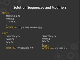 Solution Sequences and Modifiers
Offset
   SELECT ?s ?p ?o
   WHERE {
     ?s ?p ?o.
   }
   OFFSET 10 //11번째 부터 solutions 반환


LIMIT
   SELECT ?s ?p ?o                    SELECT ?s ?p ?o
   WHERE {                            WHERE {
                                      ?s ?p ?o.
   ?s ?p ?o.
                                      }
   }                                  LIMIT 5
   LIMIT 10 //10개 solutions 반환        OFFSET 10 //함께 사용 가능
 