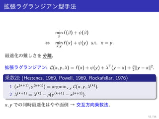 ∥| {z }1 
(yi  x 
正則化項 
: 
一般化したスパース正則化推定法: 
min 
w2Rp 
1 
n 
Σn 
i=1 
ℓ(zi ;  