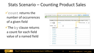 count  returns the number of occurrences of a given field The  by  clause returns a count for each field value of a named field  Stats Scenario – Counting Product Sales 