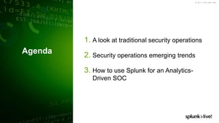 © 2017 SPLUNK INC.
1. A look at traditional security operations
2. Security operations emerging trends
3. How to use Splunk for an Analytics-
Driven SOC
Agenda
 