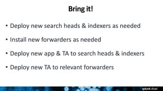 • Deploy new search heads & indexers as needed
• Install new forwarders as needed
• Deploy new app & TA to search heads & indexers
• Deploy new TA to relevant forwarders
Bring it!
 
