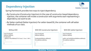 Dependency Injection
Spring framework provides two ways to inject dependency
By Constructor (Constructor Injection)-In the case of constructor-based dependency
injection, the container will invoke a constructor with arguments each representing a
dependency we want to set.
By Setter method (Setter Injection)-For setter-based DI, the container will call setter
methods of our class.
Mahika Tutorials
class Employee{
Address address;
Employee(){
address=newAddress(“XYZ Street”, ”Pune”, ”MH”);
}
…………………..
}
With IOC (setter Injection)Without IOC
class Employee{
Address address;
public void setAddress(Address address){
this.address=address;
}
………
}
With IOC (constructor Injection)
class Employee{
Address address;
Employee(Address address){
this.address=address;
………
}
}
 