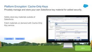 Platform Encryption: Cache-Only Keys
Safely store key materials outside of
Salesforce.
Fetch materials on demand with Cache-Only
Key service.
Privately manage and store your own Salesforce key material for added security.
Learn More Watch Demo
AdminAdmin
 