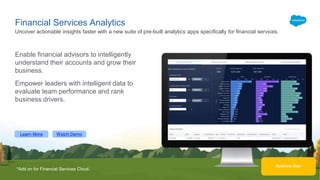 Learn More Watch Demo
Business User
Financial Services Analytics
Enable financial advisors to intelligently
understand their accounts and grow their
business.
Empower leaders with intelligent data to
evaluate team performance and rank
business drivers.
Uncover actionable insights faster with a new suite of pre-built analytics apps specifically for financial services.
*Add on for Financial Services Cloud.
 