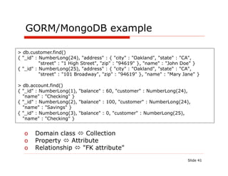 GORM/MongoDB example

> db.customer.find()
{ "_id" : NumberLong(24), "address" : { "city" : "Oakland", "state" : "CA",
          "street" : "1 High Street", "zip" : "94619" }, "name" : "John Doe" }
{ "_id" : NumberLong(25), "address" : { "city" : "Oakland", "state" : "CA",
          "street" : "101 Broadway", "zip" : "94619" }, "name" : "Mary Jane" }

> db.account.find()
{ "_id" : NumberLong(1), "balance" : 60, "customer" : NumberLong(24),
  "name" : "Checking" }
{ "_id" : NumberLong(2), "balance" : 100, "customer" : NumberLong(24),
  "name" : "Savings" }
{ "_id" : NumberLong(3), "balance" : 0, "customer" : NumberLong(25),
  "name" : "Checking" }


  o  Domain class ó Collection
  o  Property ó Attribute
  o  Relationship ó "FK attribute"
                                                                        Slide 41
 
