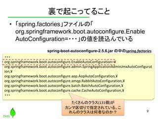 裏で起こってること
• 「spring.factories」ファイルの「
org.springframework.boot.autoconfigure.Enable
AutoConfiguration=・・・」の値を読込んでいる
9
・・・
org.springframework.boot.autoconfigure.EnableAutoConfiguration=¥
org.springframework.boot.autoconfigure.admin.SpringApplicationAdminJmxAutoConfigurat
ion,¥
org.springframework.boot.autoconfigure.aop.AopAutoConfiguration,¥
org.springframework.boot.autoconfigure.amqp.RabbitAutoConfiguration,¥
org.springframework.boot.autoconfigure.batch.BatchAutoConfiguration,¥
org.springframework.boot.autoconfigure.cache.CacheAutoConfiguration,¥
・・・
spring-boot-autoconfigure-2.5.6.jar の中のspring.factories
たくさんのクラス(131個)が
カンマ区切りで指定されている。こ
れらのクラスは何者なのか？
 