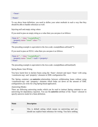 </bean> </beans> To use above bean definition, you need to define your setter methods in such a way that they should be able to handle references as well. Injecting null and empty string values If you need to pass an empty string as a value then you can pass it as follows: <bean id="..." class="exampleBean"> <property name="email" value=""/> </bean> The preceding example is equivalent to the Java code: exampleBean.setEmail("") If you need to pass an NULL value then you can pass it as follows: <bean id="..." class="exampleBean"> <property name="email"><null/></property> </bean> The preceding example is equivalent to the Java code: exampleBean.setEmail(null) Spring Beans Auto-Wiring You have learnt how to declare beans using the <bean> element and inject <bean> with using <constructor-arg> and <property> elements in XML configuration file. The Spring container can autowire relationships between collaborating beans without using <constructor-arg> and <property> elements which helps cut down on the amount of XML configuration you write for a big Spring based application. Autowiring Modes: There are following autowiring modes which can be used to instruct Spring container to use autowiring for dependency injection. You use the autowire attribute of the <bean/> element to specify autowire mode for a bean definition. Mode Description no This is default setting which means no autowiring and you should use explicit bean reference for wiring. You have nothing  