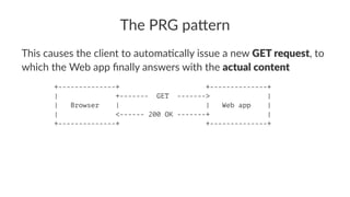 The PRG pa*ern
This causes the client to automa/cally issue a new GET request, to
which the Web app ﬁnally answers with the actual content
+--------------+ +--------------+
| +------- GET -------> |
| Browser | | Web app |
| <------ 200 OK -------+ |
+--------------+ +--------------+
 