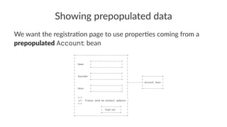 Showing prepopulated data
We want the registra-on page to use proper-es coming from a
prepopulated Account bean
+--------------------------------------+
| |
| +----------------------+ |
| Name: | | |
| +----------------------+ |
| |
| +----------------------+ |
| Surname: | | | +--------------+
| +----------------------+ | | |
| <----------+ Account bean |
| +----------------------+ | | |
| Date: | | | +--------------+
| +----------------------+ |
| |
| +-+ |
| |✓| Please send me product updates |
| +-+ |
| +-------------+ |
| | Sign-up! | |
| +-------------+ |
+--------------------------------------+
 