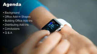 Agenda
• Background
• Office Add-in Shapes
• Building Office Add-ins
• Distributing Add-ins
• Conclusions
• Q & A
 