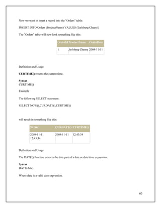 Now we want to insert a record into the "Orders" table:

INSERT INTO Orders (ProductName) VALUES ('Jarlsberg Cheese')

The "Orders" table will now look something like this:

                                      OrderId ProductName    OrderDate

                                      1      Jarlsberg Cheese 2008-11-11




Definition and Usage

CURTIME() returns the current time.

Syntax
CURTIME()

Example

The following SELECT statement:

SELECT NOW(),CURDATE(),CURTIME()



will result in something like this:

          NOW()                  CURDATE() CURTIME()

          2008-11-11             2008-11-11     12:45:34
          12:45:34



Definition and Usage

The DATE() function extracts the date part of a date or date/time expression.

Syntax
DATE(date)

Where date is a valid date expression.




                                                                                60
 