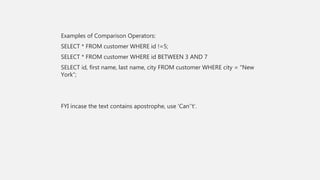 Examples of Comparison Operators:
SELECT * FROM customer WHERE id !=5;
SELECT * FROM customer WHERE id BETWEEN 3 AND 7
SELECT id, first name, last name, city FROM customer WHERE city = “New
York”;
FYI incase the text contains apostrophe, use ‘Can’‘t’.
 