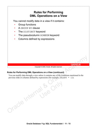 Rules for Performing
DML Operations on a View
You cannot modify data in a view if it contains:
• Group functions
• A GROUP BY clause
• The DISTINCT keyword
• The pseudocolumn ROWNUM keyword
•

Columns defined by expressions

y
m

Copyright © 2009, Oracle. All rights reserved.

c
A

de
a

Rules for Performing DML Operations on a View (continued)
You can modify data through a view unless it contains any of the conditions mentioned in the
previous slide or columns defined by expressions (for example, SALARY * 12).

le
c

le
ac
r
O ly
l & On
na se
er U
nt
I

ra
O

Oracle Database 11g: SQL Fundamentals I 11 - 15

 