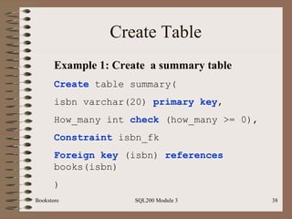 Create Table Bookstore SQL200 Module 3 Example 1: Create  a summary table Create  table summary( isbn varchar(20)  primary key , How_many int  check  (how_many >= 0), Constraint  isbn_fk Foreign key  (isbn)  references  books(isbn) ) 