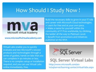 How Should I Study Now !
Build the necessary skills to grow in your IT role
and career with Microsoft Cloud technologies.
• Learn for free and at your own pace.
• Make a name for yourself within the
community of IT Pros worldwide, by climbing
the ladder all the way to Platinum Level.
• Benefit from promotions and initiatives
published at the MVA
Virtual Labs enable you to quickly
evaluate and test Microsoft's newest
products and technologies through a
series of guided, hands-on labs that you
can complete in 90 minutes or less.
There is no complex setup or installation
required, and you can use Virtual Labs
online immediately, free.
www.microsoftvirtualacademy.com
http://www.microsoft.com/en-
in/sqlserver/learning-center/virtual-labs.aspx
 