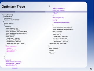 40 
Optimizer Trace 
{ 
"query_block": { 
"select_id": 1, 
"cost_info": { 
"query_cost": "5779.32" 
}, 
"nested_loop": [ 
{ 
"table": { 
"table_name": "City", 
"access_type": "ALL", 
"rows_examined_per_scan": 4079, 
"rows_produced_per_join": 4079, 
"filtered": 100, 
"cost_info": { 
"read_cost": "68.72", 
"eval_cost": "815.80", 
"prefix_cost": "884.52", 
"data_read_per_join": "286K" 
}, 
"used_columns": [ 
"Name", 
"CountryCode", 
"Population" 
] 
} 
}, 
{ 
"table": { 
"table_name": "Country", 
"access_type": "eq_ref", 
"possible_keys": [ 
"PRIMARY" 
], 
"key": "PRIMARY", 
"used_key_parts": [ 
"Code" 
], 
"key_length": "3", 
"ref": [ 
"world.City.CountryCode" 
], 
"rows_examined_per_scan": 1, 
"rows_produced_per_join": 4079, 
"filtered": 100, 
"cost_info": { 
"read_cost": "4079.00", 
"eval_cost": "815.80", 
"prefix_cost": "5779.32", 
"data_read_per_join": "1M" 
}, 
"used_columns": [ 
"Code", 
"Name" 
 