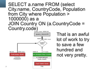 SELECT a.name FROM (select 
City.name, CountryCode, Population 
from City where Population > 
1000000) as a 
JOIN Country ON (a.CountryCode = 
Country.code) 
Copyright © 2014, Oracle and/or its affiliates. 83 All rights reserved. 
That is an awful 
lot of work to try 
to save a few 
hundred and 
not very pretty. 
 