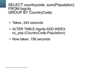 SELECT countrycode, sum(Population) 
FROM bigcity 
GROUP BY CountryCode; 
● Takes .343 seconds 
● ALTER TABLE bigcity ADD INDEX 
cc_pop (CountryCode,Population); 
● Now takes .156 seconds 
Copyright © 2014, Oracle and/or its affiliates. 85 All rights reserved. 
 