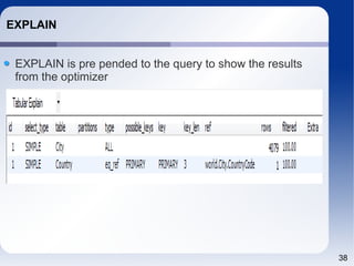38
EXPLAIN
EXPLAIN is pre pended to the query to show the results
from the optimizer
 