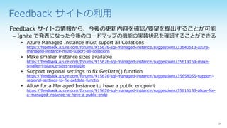 Feedback サイトの利用
Feedback サイトの情報から、今後の更新内容を確認/要望を提出することが可能
– Ignite で発表になった今後のロードマップの機能の実装状況を確認することができる
• Azure Managed Instance must suport all Collations
https://feedback.azure.com/forums/915676-sql-managed-instance/suggestions/33640513-azure-
managed-instance-must-suport-all-collations
• Make smaller instance sizes available
https://feedback.azure.com/forums/915676-sql-managed-instance/suggestions/35619169-make-
smaller-instance-sizes-available
• Support regional settings to fix GetDate() function
https://feedback.azure.com/forums/915676-sql-managed-instance/suggestions/35658055-support-
regional-settings-to-fix-getdate-functio
• Allow for a Managed Instance to have a public endpoint
https://feedback.azure.com/forums/915676-sql-managed-instance/suggestions/35616133-allow-for-
a-managed-instance-to-have-a-public-endp
 