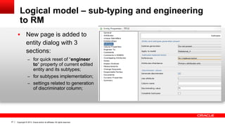 Copyright © 2013, Oracle and/or its affiliates. All rights reserved.27
Logical model – sub-typing and engineering
to RM
 New page is added to
entity dialog with 3
sections:
– for quick reset of “engineer
to“ property of current edited
entity and its subtypes;
– for subtypes implementation;
– settings related to generation
of discriminator column;
 