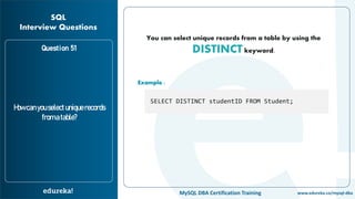 www.edureka.co/mysql-dbaMySQL DBA Certification Training
Question 51
Howcanyouselectuniquerecords
fromatable?
SQL
Interview Questions
You can select unique records from a table by using the
DISTINCT keyword.
Example :
SELECT DISTINCT studentID FROM Student;
 