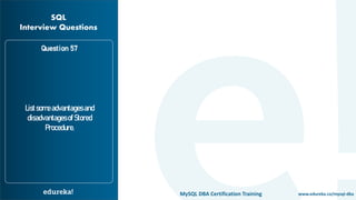 www.edureka.co/mysql-dbaMySQL DBA Certification Training
Question 57
Listsomeadvantagesand
disadvantagesofStored
Procedure.
SQL
Interview Questions
 