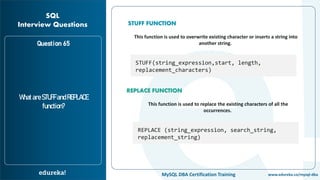 www.edureka.co/mysql-dbaMySQL DBA Certification Training
Question 65
WhatareSTUFFandREPLACE
function?
SQL
Interview Questions STUFF FUNCTION
STUFF(string_expression,start, length,
replacement_characters)
This function is used to overwrite existing character or inserts a string into
another string.
REPLACE FUNCTION
REPLACE (string_expression, search_string,
replacement_string)
This function is used to replace the existing characters of all the
occurrences.
 