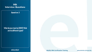 www.edureka.co/mysql-dbaMySQL DBA Certification Training
WhatdoyoumeanbyDBMS?What
areitsdifferenttypes?
Question 3
SQL
Interview Questions
 