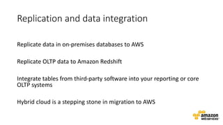 Replication and data integration
Replicate data in on-premises databases to AWS
Replicate OLTP data to Amazon Redshift
Integrate tables from third-party software into your reporting or core
OLTP systems
Hybrid cloud is a stepping stone in migration to AWS
 